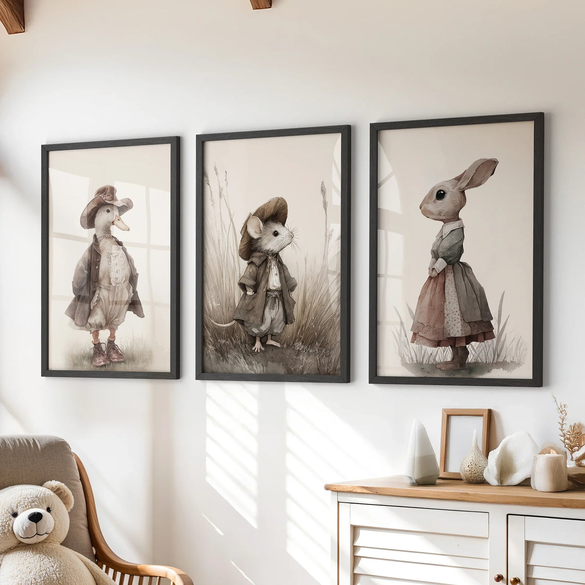 Vintage Animal Nursery Wall Art Set: Duck, Mouse, Rabbit